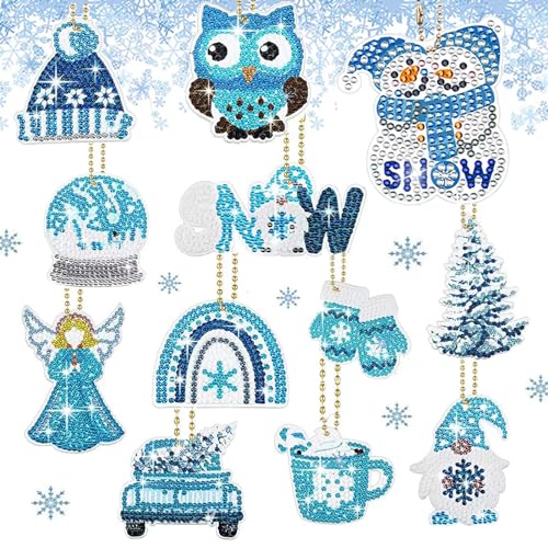 QUANMAITONG 12 Stück Diamond Painting Weihnachten, Doppelseitige Kinder Anhänger, Schneeflocken Schlüsselanhänger, Eule Diamant Malerei Kit für Bastelset Weihnachten von QUANMAITONG