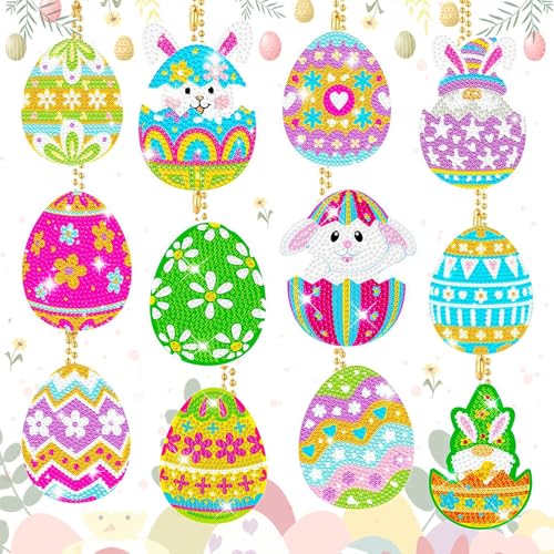 QUANMAITONG 5D Diamond Painting Ostern Schlüsselanhänger Basteln，12 Stück DIY Ostereier Diamond Painting Schlüsselanhänger Kinder Diamond Painting Hase Frühling Anhänger Ostern Geschenke Kinder von QUANMAITONG