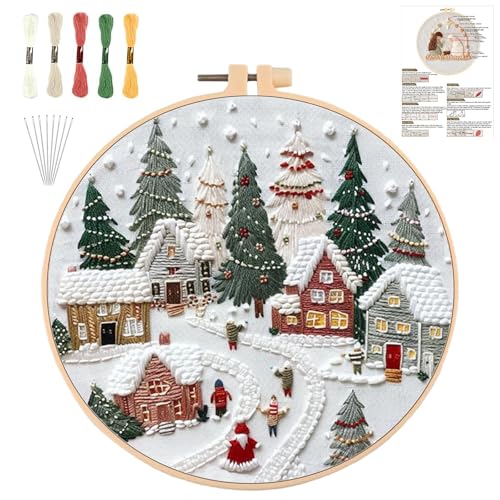 QUANMAITONG Sticken Set Erwachsene，Stickset Weihnachten für Anfänger Embroidery Kit Stickerei, Stick And Poke Stickbilder Stickrahmen DIY, Kreuzstich Weihnachten Deko (Ferien-Dorf) von QUANMAITONG