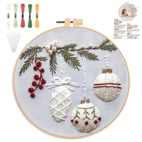 QUANMAITONG Sticken Set Erwachsene，Stickset Weihnachten für Anfänger Embroidery Kit Stickerei, Stick And Poke Stickbilder Stickrahmen DIY, Kreuzstich Weihnachten Deko (Holly-Bauble) von QUANMAITONG