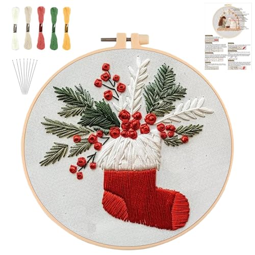 QUANMAITONG Sticken Set Erwachsene，Stickset Weihnachten für Anfänger Embroidery Kit Stickerei, Stick And Poke Stickbilder Stickrahmen DIY, Kreuzstich Weihnachten Deko (Strümpfe) von QUANMAITONG