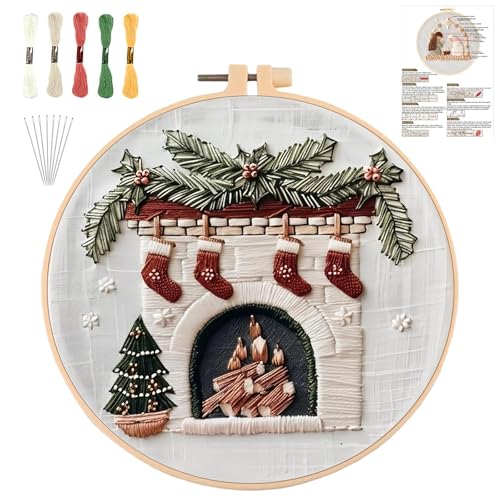 QUANMAITONG Stickset Erwachsene, Weihnachten Stickset für Anfänger, Embroidery Kit, Stick And Poke, Stickbilder Stickrahmen DIY, Kreuzstich Weihnachten Deko (Kamin) von QUANMAITONG