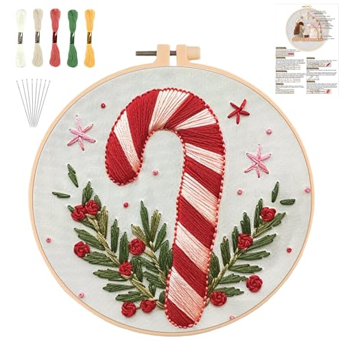 Sticken Set Erwachsene，Stickset Weihnachten Stickset für Anfänger Embroidery Kit Stickerei Set, Stick And Poke Set Stickbilder Stickrahmen DIY Kreuzstich Weihnachten Deko (Kandiszuckerstange) von QUANMAITONG