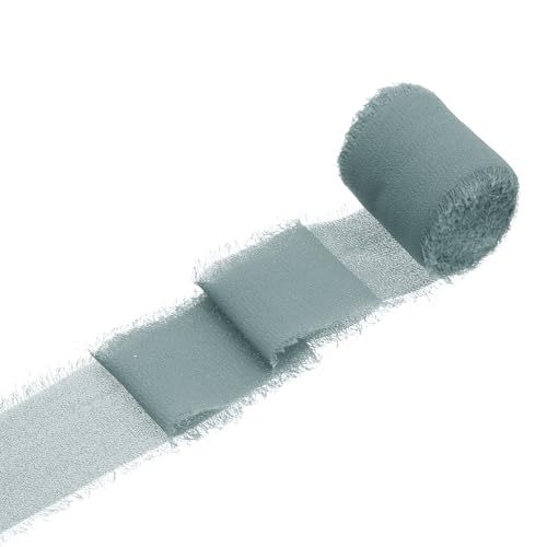 QUARKZMAN 1 Rolle Chiffonband, 1,5 Zoll x 5 Yard handgefertigtes Fransen-Seidenband für Blumenstraußverpackung Hochzeitsdekoration Braut DIY Basteln Grau Blau von QUARKZMAN