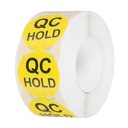QUARKZMAN 1 Rolle à 500 Stück Prüfplaketten, "QC HOLD" 25 mm Ø runde Qualitätssicherungsaufkleber in Grün für Lagerorganisation und Warenprüfung,Gelb von QUARKZMAN