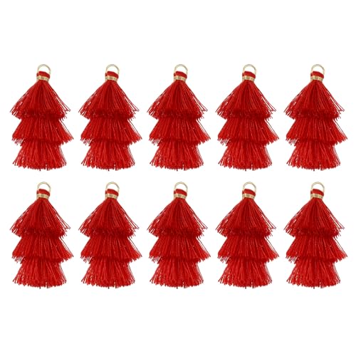 QUARKZMAN 10 Stück Winzige Dreischichtige Quasten 1,6" Mini Quaste Taschenanhänger Böhmische Handgefertigte Quasten Schlüsselanhänger für DIY Projekte Schmuckherstellung Dekoration (Rot) von QUARKZMAN