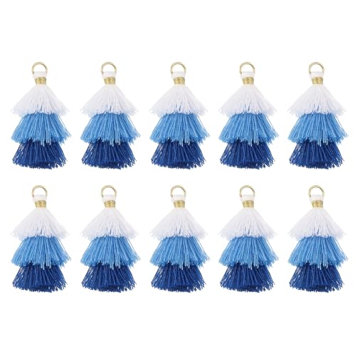 QUARKZMAN 10 Stück Winzige Dreischichtige Quasten 1,6" Mini Taschenanhänger Böhmische Handgefertigte Quasten Schlüsselanhänger für DIY Projekte Schmuckherstellung (Weiß/Blau/Dunkelblau) von QUARKZMAN
