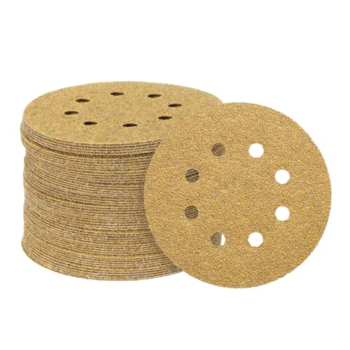 QUARKZMAN 100 Stück Haken- und Schleifpapier-Schleifscheiben 5" 8-Loch 40 Körnungen Aluminiumoxid-Schleifpapier für Exzenterschleifer Holzbearbeitung Sand Autolack, Gelb von QUARKZMAN
