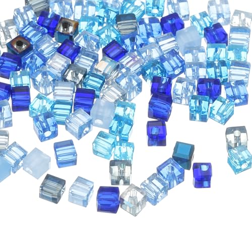 QUARKZMAN 100 Stück Kristallperlen zum Auffädeln, 3mm Quadratische Glasperlen Facettiert Lose Klein Perlen für Armbänder Selber Machen Halskette Ohrring DIY Schmuckherstellung(Blaue Serie) von QUARKZMAN