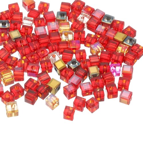 QUARKZMAN 100 Stück Kristallperlen zum Auffädeln, 3mm Quadratische Glasperlen Lose Klein Perlen für Armbänder Selber Machen Halskette Ohrring DIY Schmuckherstellung Handwerk(Rote Serie) von QUARKZMAN