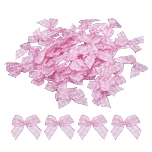 QUARKZMAN 100 Stück Mini Schleifen 25mm Karierte Stoff-Satinband Klein Weihnachtsschleifen Vintage Bogen zum Basteln DIY Haar Geschenk Nähen Hochzeit Geburtstag Weihnachtsdeko, Rosa Weiß von QUARKZMAN
