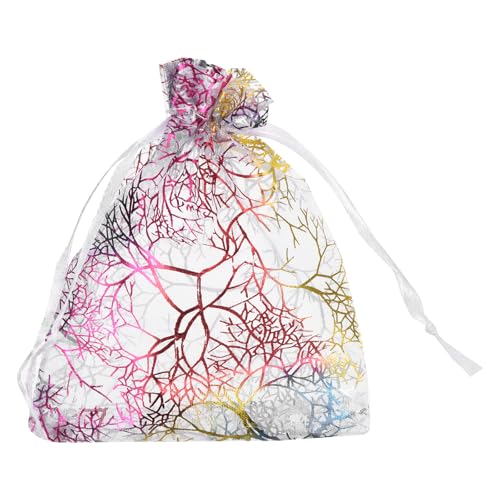 QUARKZMAN 100 Stück Organzasäckchen, 9x12cm Geschenksäckchen Schmuckbeutel Bunte Korallen-Muster Mesh Säckchen mit Zugband, Organzabeutel für Hochzeit Party Süßigkeiten, Weißgold von QUARKZMAN