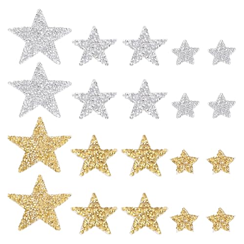 QUARKZMAN 100 Stück Sterne Patches zum Aufbügeln, 2/4/6/8cm Flicken zum Aufbügeln,Bestickte Aufnäher Bügelflicken für Hut Jacke Jeans Rucksäcke DIY Dekoration(Silber, Gold) von QUARKZMAN
