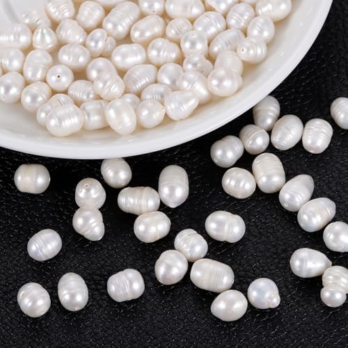 QUARKZMAN 100 Stück Süßwasserperlen, 9-10mm ovale Reisform lose Edelsteinperlen 0,8mm Loch für Lederband Schmuckherstellung DIY Handwerk, Weiß von QUARKZMAN