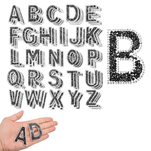 QUARKZMAN 104 Stück Perlen Strass Bügelbuchstaben, A-Z Selbstklebende Glitzernde Strass Alphabet Buchstaben Aufkleber Applikationen für DIY Jacken Hüte Kleidung Rucksäcke, Schwarz von QUARKZMAN