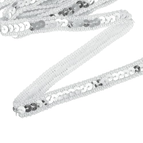 QUARKZMAN 11 Yard Sequins Trim Ribbon 0.5 Inch Sequin Gimp Braid Trim Spangle Flat Sequins Paillette Fabric Flat Trims Strips for Crafts Sewing Clothes Home Party Decoration, Silver von QUARKZMAN