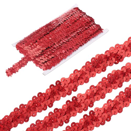 QUARKZMAN 11 Yards 0.8" Elastische Pailletten Beschnitt 2 Reihe Flache Pailletten Streifen Pailletten Stoff Farbband für Basteln Pailletten Fransen Nähen Leuchtende Rot von QUARKZMAN