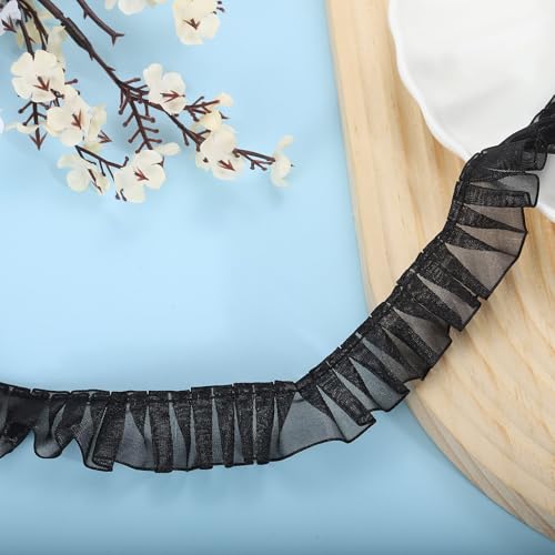QUARKZMAN 11 Yards Rüschen Spitzenband 2,5 cm/1" Plissierte Organza Spitzenkante Band Nähen Spitzenstoff Band für DIY Handwerk Kleid Kleidung Hochzeit Geschenk Haus Dekoration, Schwarz von QUARKZMAN