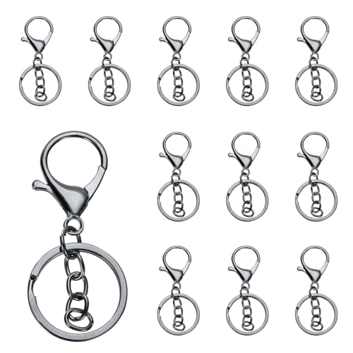 QUARKZMAN 12 Stück Schlüsselanhänger 12mm, Schlüsselring mit Flachem Karabiner und Kette für DIY Bastel, Glückswürmchen, Sorgenwürmchen, Makramee (Schwarz) von QUARKZMAN