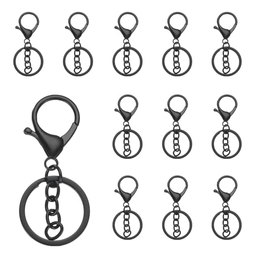 QUARKZMAN 12 Stück Schlüsselanhänger 12mm, Schlüsselring mit Flachem Karabiner und Kette für DIY Bastel, Glückswürmchen, Sorgenwürmchen, Makramee (Schwimmend Schwarz) von QUARKZMAN