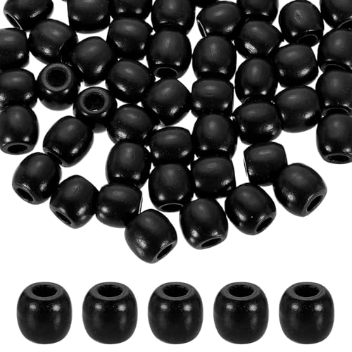 QUARKZMAN 120 Stück Holzperlen, Bunte Runde Dekorative Pony Perlen, Bastel Fass Holz Ornamente Für Makramee, Schmuckherstellung, Haarflechten, Armbänder, Schwarz von QUARKZMAN