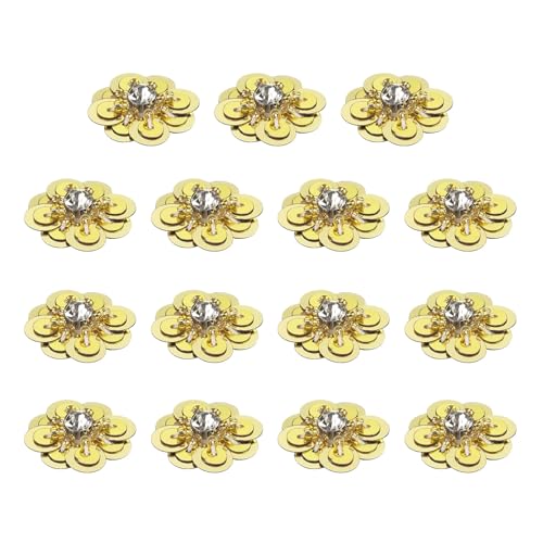 QUARKZMAN 15 Stück Pailletten Perlen Blumen Patches, 25mm Handgemachte Paillette Kristall Applikation Nähen Perlen Blumen Applikation für Kleid Taschen Stirnband Dekor, Gold von QUARKZMAN