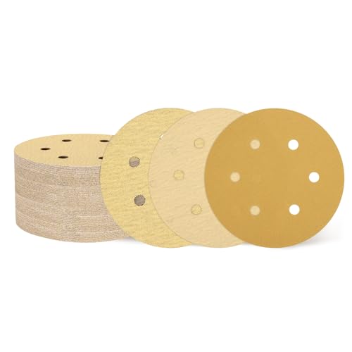 QUARKZMAN 150 Stück 150mm 6 Zoll Schleifscheibe 6 Loch 80/120/220 Körnung Klett-Schleifpapier Zufällige Orbital Sander Pads für Holzbearbeitung Automobil Metall, Gold von QUARKZMAN