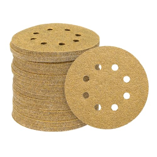 QUARKZMAN 150 Stück Haken- und Schleifpapier-Schleifscheiben 5" 8-Loch 40 Körnungen Aluminiumoxid-Schleifpapier für Exzenterschleifer Holzbearbeitung Sand Autolack, Gelb von QUARKZMAN