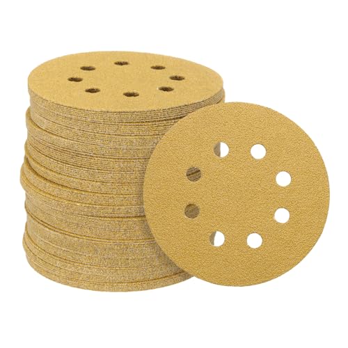 QUARKZMAN 150 Stück Haken- und Schleifpapierscheiben 5" 8-Loch 60 Körnungen Aluminiumoxid-Schleifpapier für Exzenterschleifer Holzbearbeitung Sand Autolack, Gelb von QUARKZMAN