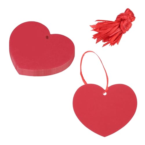 QUARKZMAN 150 Stück rote Herz-Papierausschnitte 3 Zoll herzförmige Tags mit 150 Stück rotem Band für Valentinstag Handwerks-Pinnwand von QUARKZMAN
