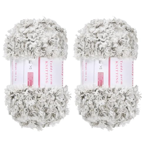 QUARKZMAN 2 Knäuel Fellgarn Weiches Flauschiges Chunky-Garn Flauschiges Wimperngarn Blassgrau zum Häkeln Stricken Kleidungstasche - 55Yard/50m, 3,32ozx2 von QUARKZMAN