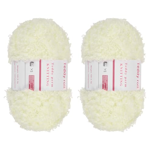 QUARKZMAN 2 Knäuel Fellgarn Weiches Flauschiges Chunky-Garn Flauschiges Wimperngarn Hellcreme Weiß zum Häkeln Stricken Kleidung Tasche - 55Yard/50m, 3,24ozx2 von QUARKZMAN
