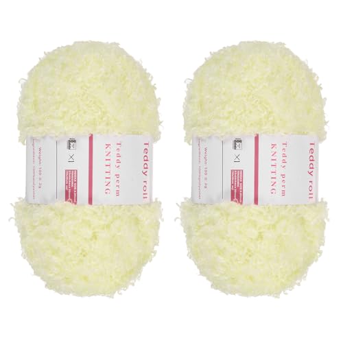 QUARKZMAN 2 Knäuel Fellgarn Weiches Flauschiges Chunky-Garn Flauschiges Wimperngarn Hellgelb zum Häkeln Stricken Kleidungstasche - 55Yard/50m, 3,15ozx2 von QUARKZMAN