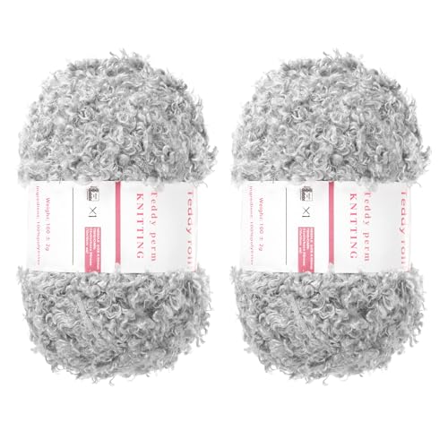 QUARKZMAN 2 Knäuel Fellgarn Weiches Flauschiges Chunky-Garn Flauschiges Wimperngarn Hellgrau zum Häkeln Stricken Kleidung Tasche - 55Yard/50m, 3,10ozx2 von QUARKZMAN