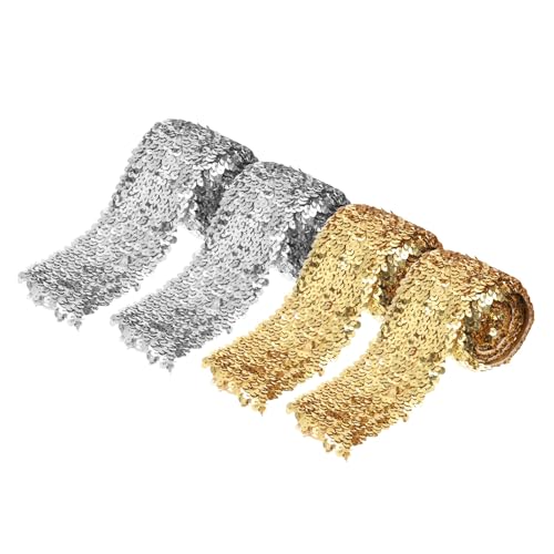 QUARKZMAN 2 Pack 2.2 Yards 3" Elastische Pailletten Beschnitt 5 Reihe Flache Pailletten Streifen Pailletten Stoff Farbband für Basteln Pailletten Fransen Nähen Gold Silber von QUARKZMAN
