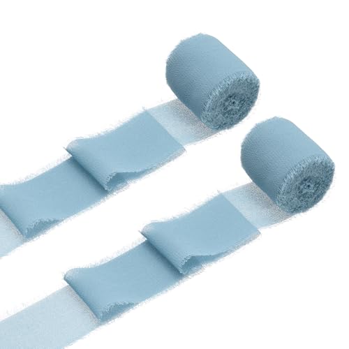 QUARKZMAN 2 Rollen Chiffonband, 1,5 Zoll x 5 Yard handgefertigtes Fransen-Seidenband für Blumenstraußverpackung Hochzeitsdekoration Braut DIY Basteln Blau von QUARKZMAN