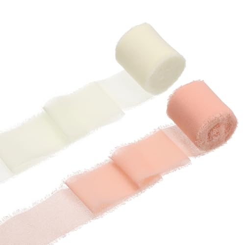 QUARKZMAN 2 Rollen Chiffonband, 1,5 Zoll x 5 Yard handgefertigtes Fransen-Seidenband für Blumenstraußverpackung Hochzeitsdekoration Braut DIY Basteln Cremeweiß/Hellrosa von QUARKZMAN