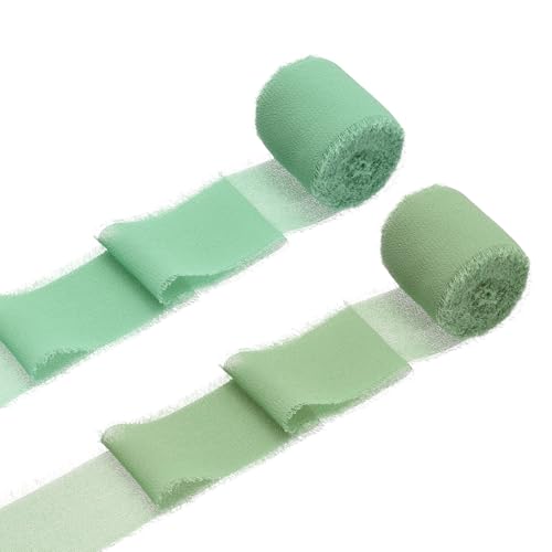 QUARKZMAN 2 Rollen Chiffonband, 1,5 Zoll x 5 Yard handgefertigtes Fransen-Seidenband für Blumenstraußverpackung Hochzeitsdekoration Braut DIY Basteln Hellgrün/Hellgrün von QUARKZMAN