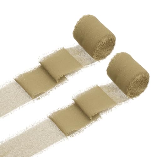 QUARKZMAN 2 Rollen Chiffonband, 1,5 Zoll x 5 Yard handgefertigtes Fransen-Seidenband für Blumenstraußverpackung Hochzeitsdekoration Braut DIY Basteln Hellkhaki von QUARKZMAN