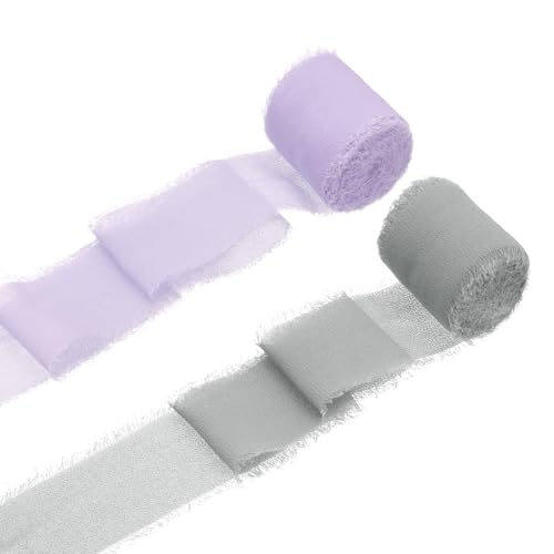 QUARKZMAN 2 Rollen Chiffonband, 1,5 Zoll x 5 Yard handgefertigtes Fransen-Seidenband für Blumenstraußverpackung Hochzeitsdekoration Braut DIY Basteln Lila/Grau von QUARKZMAN