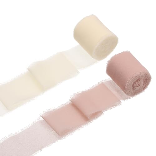 QUARKZMAN 2 Rollen Chiffonband, 1,5 Zoll x 5 Yard handgefertigtes Fransen-Seidenband für Blumenstraußverpackung Hochzeitsdekoration Braut DIY Basteln Pink/Creme von QUARKZMAN