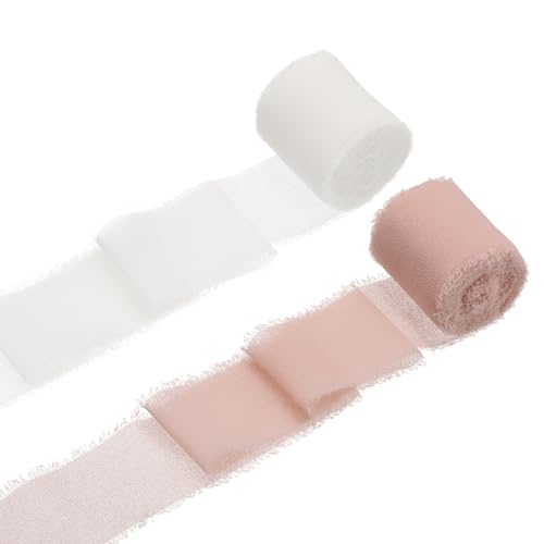 QUARKZMAN 2 Rollen Chiffonband, 1,5 Zoll x 5 Yard handgefertigtes Fransen-Seidenband für Blumenstraußverpackung Hochzeitsdekoration Braut DIY Basteln Rosé Pink/Weiß von QUARKZMAN
