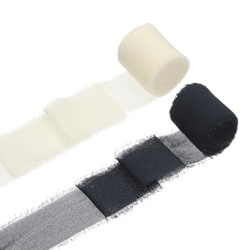 QUARKZMAN 2 Rollen Chiffonband, 1,5 Zoll x 5 Yard handgefertigtes Fransen-Seidenband für Blumenstraußverpackung Hochzeitsdekoration Braut DIY Basteln Schwarz/Cremeweiß von QUARKZMAN