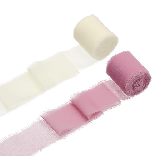 QUARKZMAN 2 Rollen Chiffonband, 1,5 Zoll x 5 Yard handgefertigtes Fransen-Seidenband für Blumenstraußverpackung Hochzeitsdekoration Braut DIY Basteln Tiefrosa/Cremeweiß von QUARKZMAN