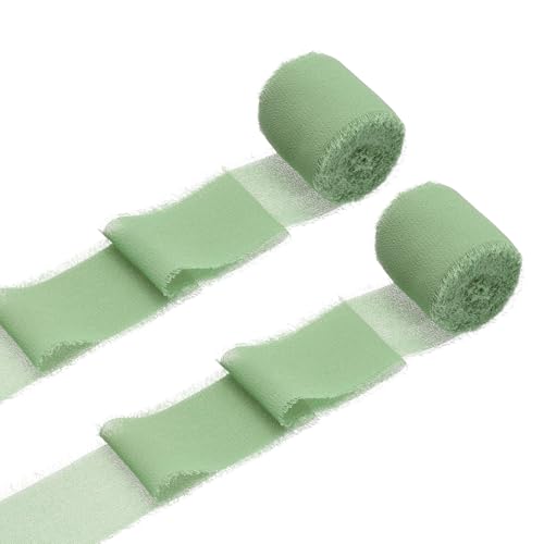QUARKZMAN 2 Rollen Chiffonband, 1,5 Zoll x 5 Yard handgefertigtes Fransen-Seidenband für Blumenstraußverpackung Hochzeitsdekoration DIY Basteln Hellgrün von QUARKZMAN