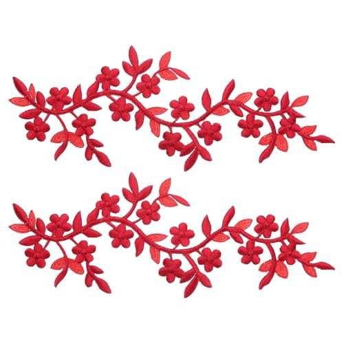 QUARKZMAN 2 Stück Lange Patch Blumenranke mit Blatt, 10" x 4" Aufbügeln Pflaumen Patches Polyester Bestickte Applikation für Vorhang Kissen Kleidung Nähen und Dekoration, Rot von QUARKZMAN