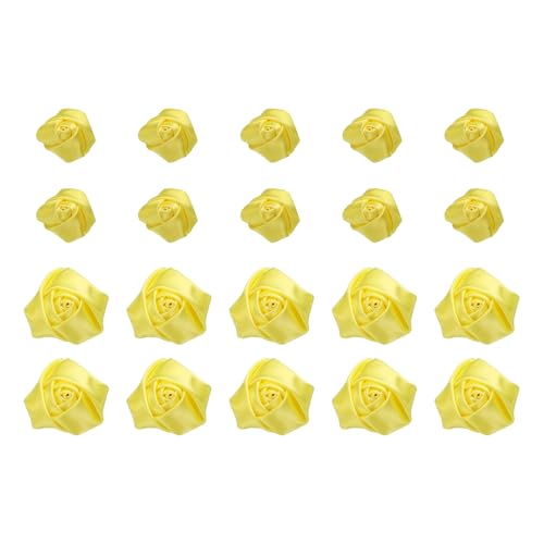 QUARKZMAN 20 Stück 2 Größe Satinband Rosen 2,5 cm/5 cm Bandblume Rose Künstliche Stoffblumen für DIY Bastelzubehör Nähen Verpackung Hochzeitsgeschenk Dekoration (Gelb) von QUARKZMAN