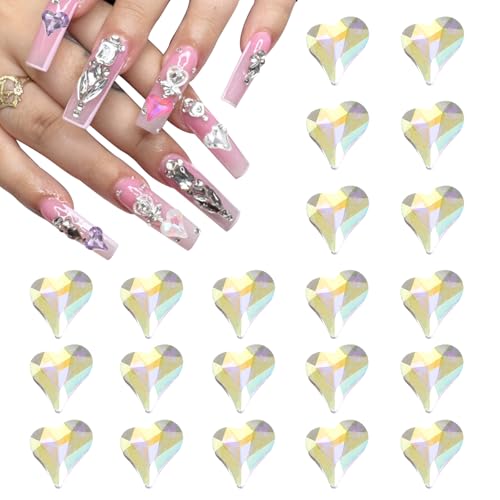 QUARKZMAN 20 Stück 3D Herz Nagel Charme Kristalle Nagel Edelsteine 8x9mm Schiefes Herz-Form Kunst Strass Charme für Valentinstag DIY Dekoration, Transparentes Gold von QUARKZMAN