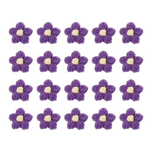 QUARKZMAN 20 Stück Häkelblumen zum Aufnähen, 45 x 45mm Milchbaumwolle handgefertigte florale Applikationen für DIY-Handwerk Haare Hüte Kleidung Dekoration, Dunkellila & Gelb von QUARKZMAN