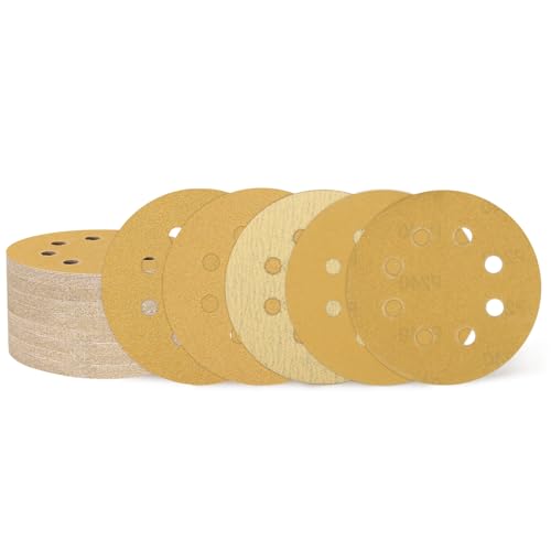 QUARKZMAN 200 Stück 125mm 5 Zoll Schleifscheiben 8 Loch 60/80/100/120/150/220/320/400/600/800 Körnung Klett-Schleifpapier Zufällige Orbital-Schleifpads für Holzbearbeitung, Gold von QUARKZMAN